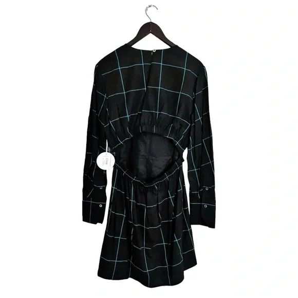 NEW Staud Black Windowpane Long Sleeve Cut Out Mini Crosshill Dress Size Large - Picture 3 of 8
